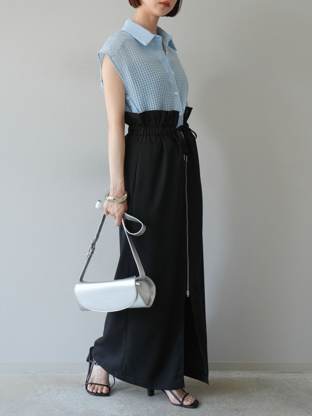 [SET]シアーチェックノースリーブシャツ+ヘザーエステルギャザージップスカート(2set)