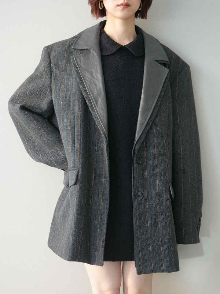 [SET]襟付きブークレミニワンピース+レイヤードデザインツイードテーラードジャケット(2set)