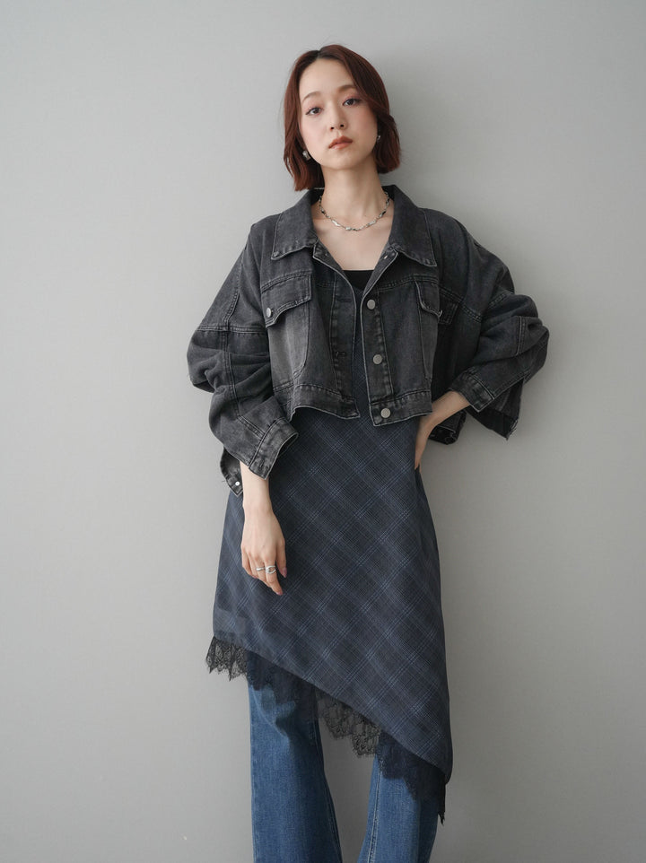 【套裝】牛仔短版襯衫外套+不對稱格紋蕾絲吊帶背心+流蘇半喇叭牛仔褲（三件套）