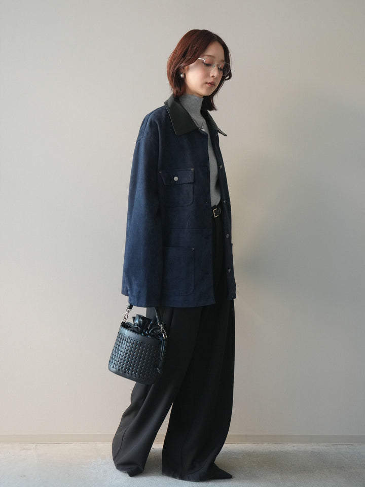 [SET]襟レザーステンカラースエードジャケット+袖ボタンボトルネックリブニットトップス+ベルトループデザインワイドパンツ(3set)