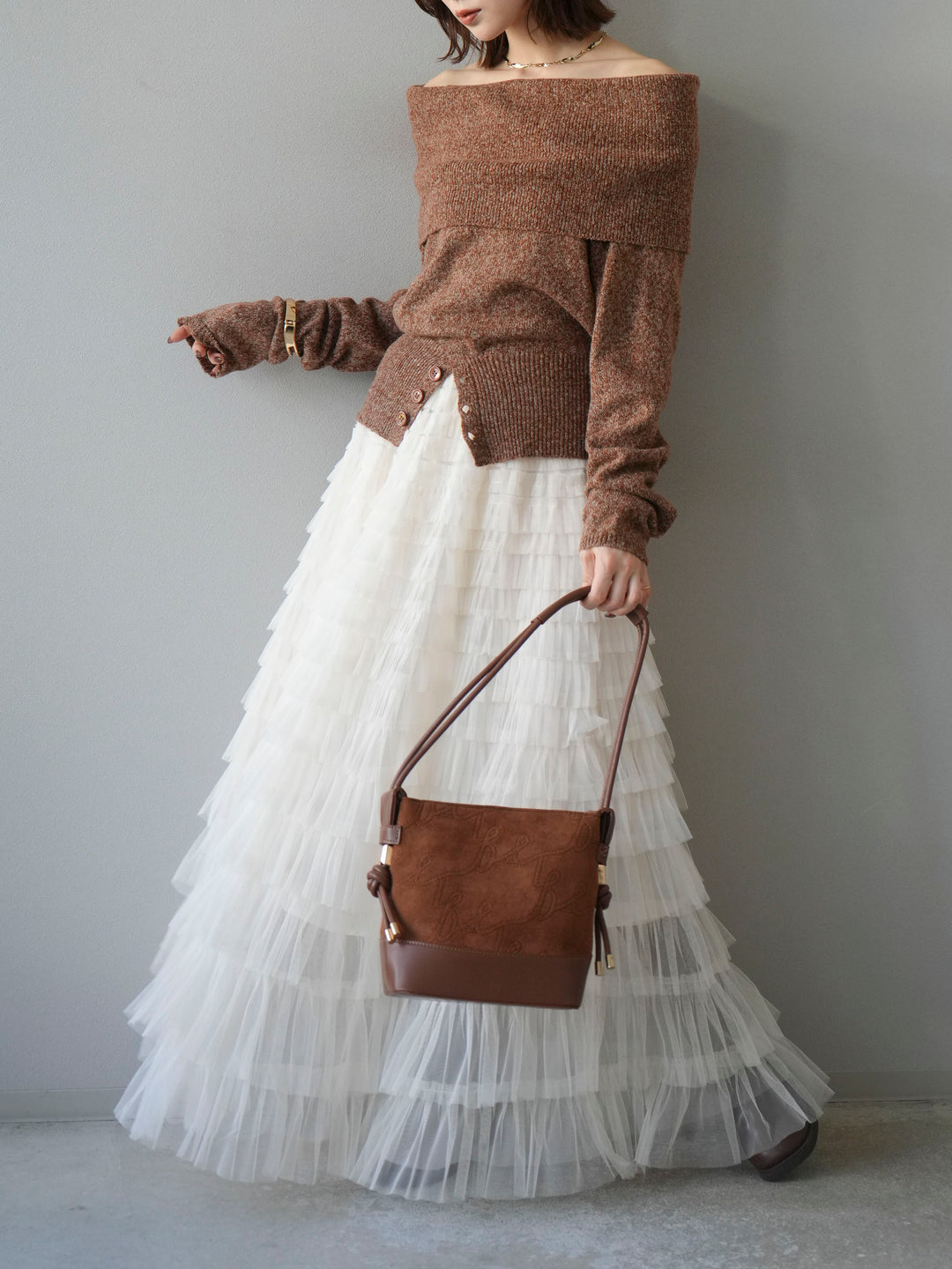 [予約]ミックスヤーンオフショルニットプルオーバー/オレンジ