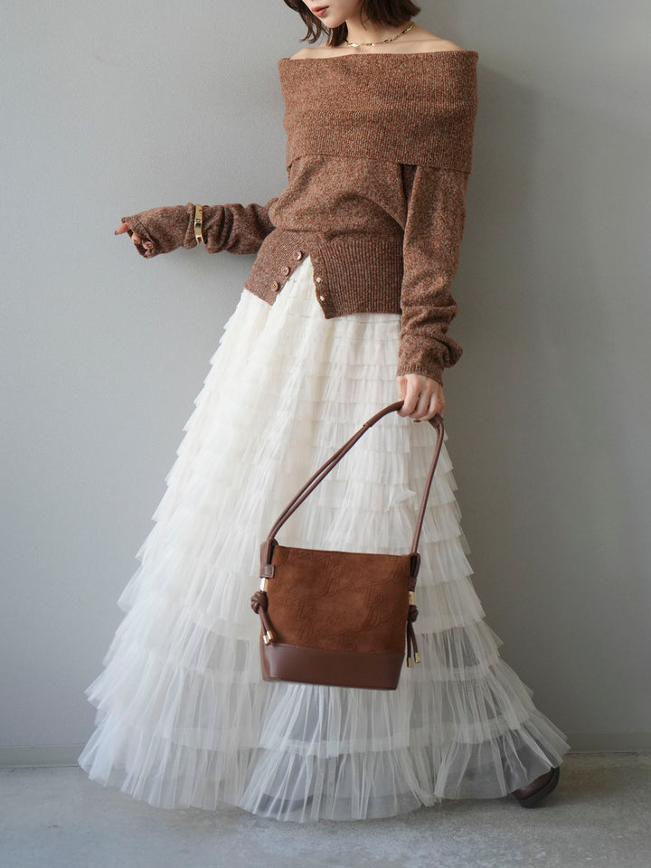 [予約]ミックスヤーンオフショルニットプルオーバー/オレンジ