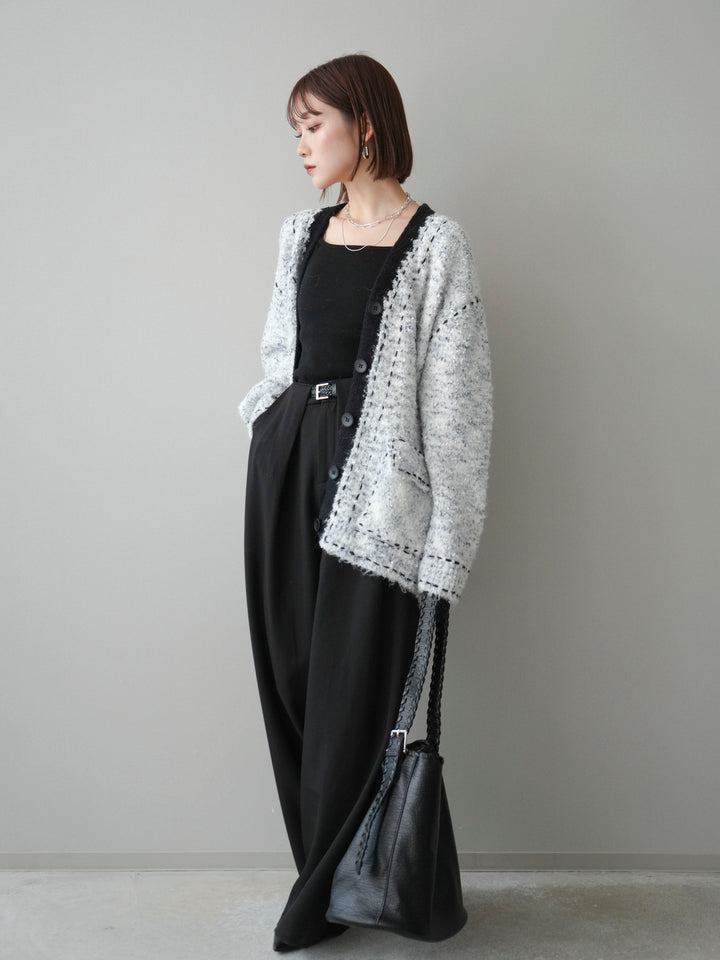 [SET]ブークレハンドステッチニットカーディガン+ベルトループデザインワイドパンツ(2set)