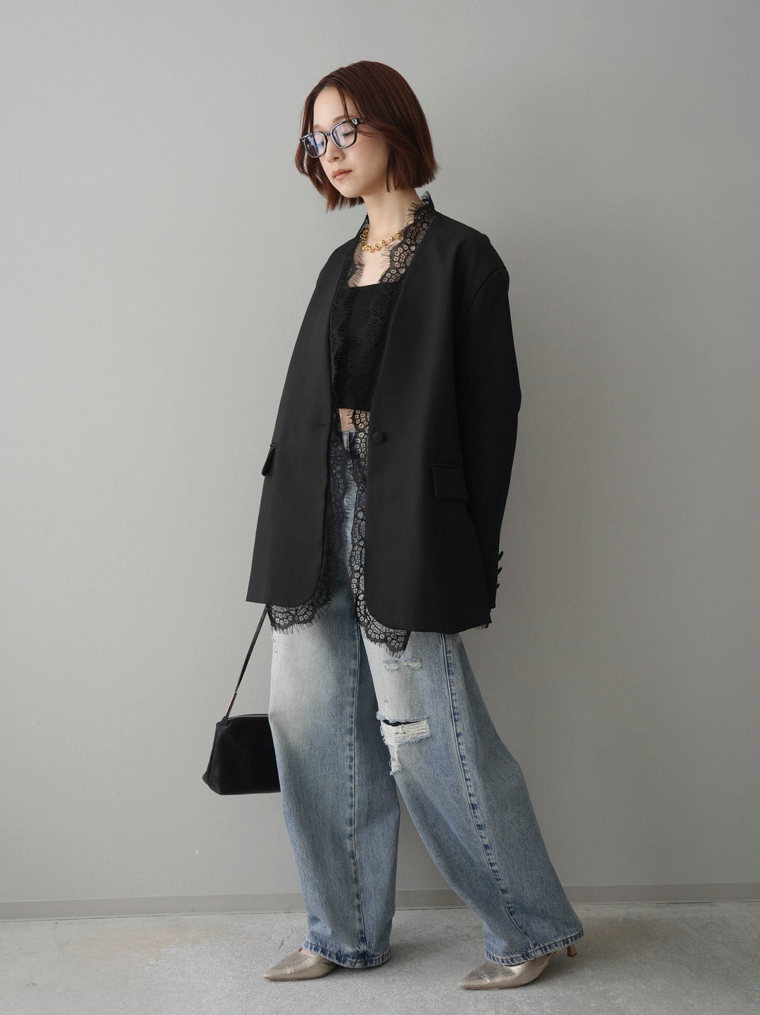 [SET]ノーカラーレースジャケット+カップ付テレコリブベアキャミソール+ダメージデニムセミワイドパンツ(3set)