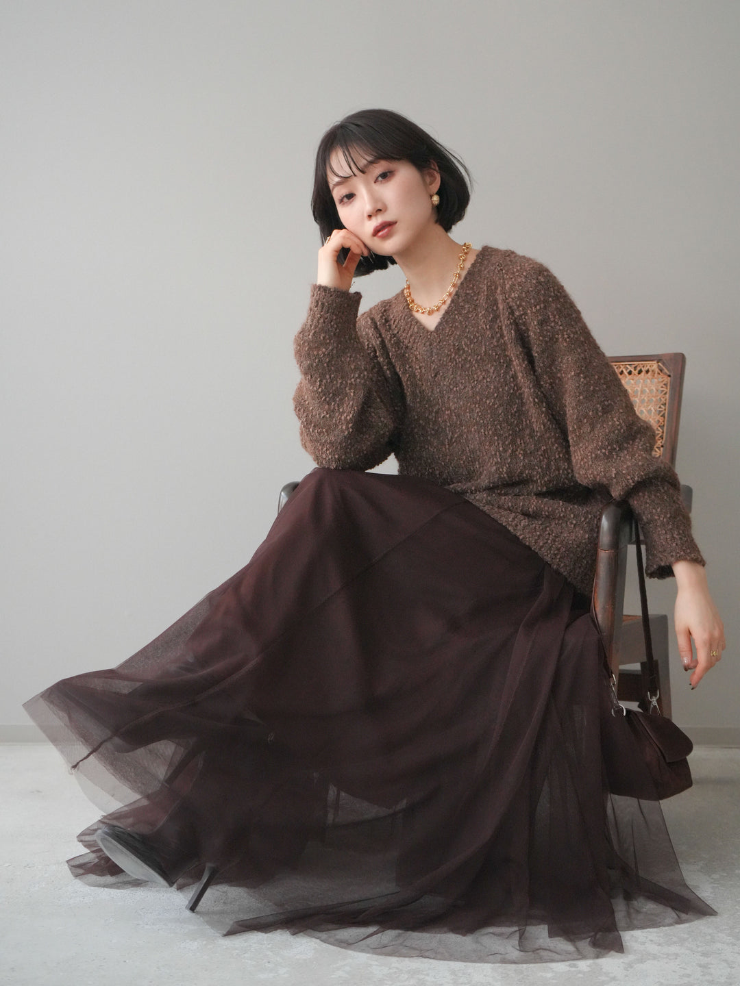 [SET]Vネックスラブニットプルオーバー+選べるアクセセット(2set)