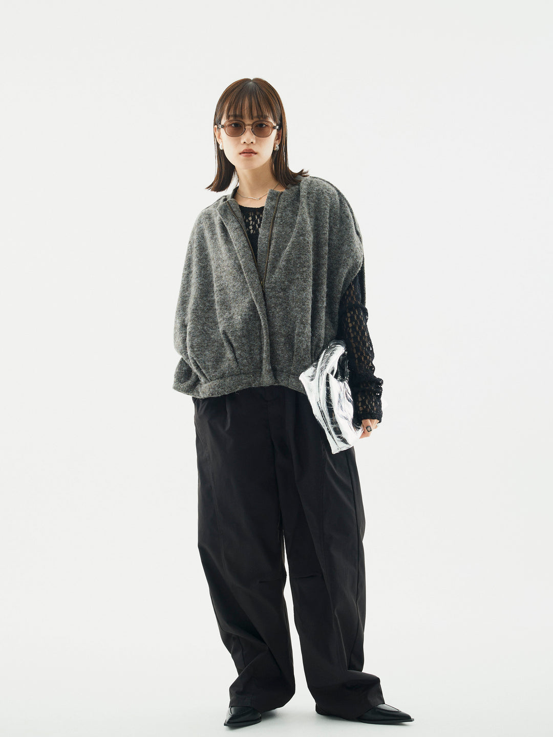 【Allure】[SET]ウール混コクーンブルゾン+タフタワイドカーブパンツ+バックラウンドレーストップス(3set)