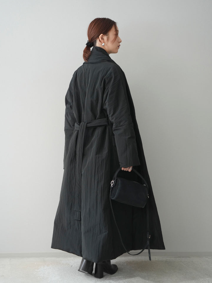 [SET]ロングダウンコート+袖ボタンボトルネックリブニットトップス+ベルト付きタックミニスカート(3set)