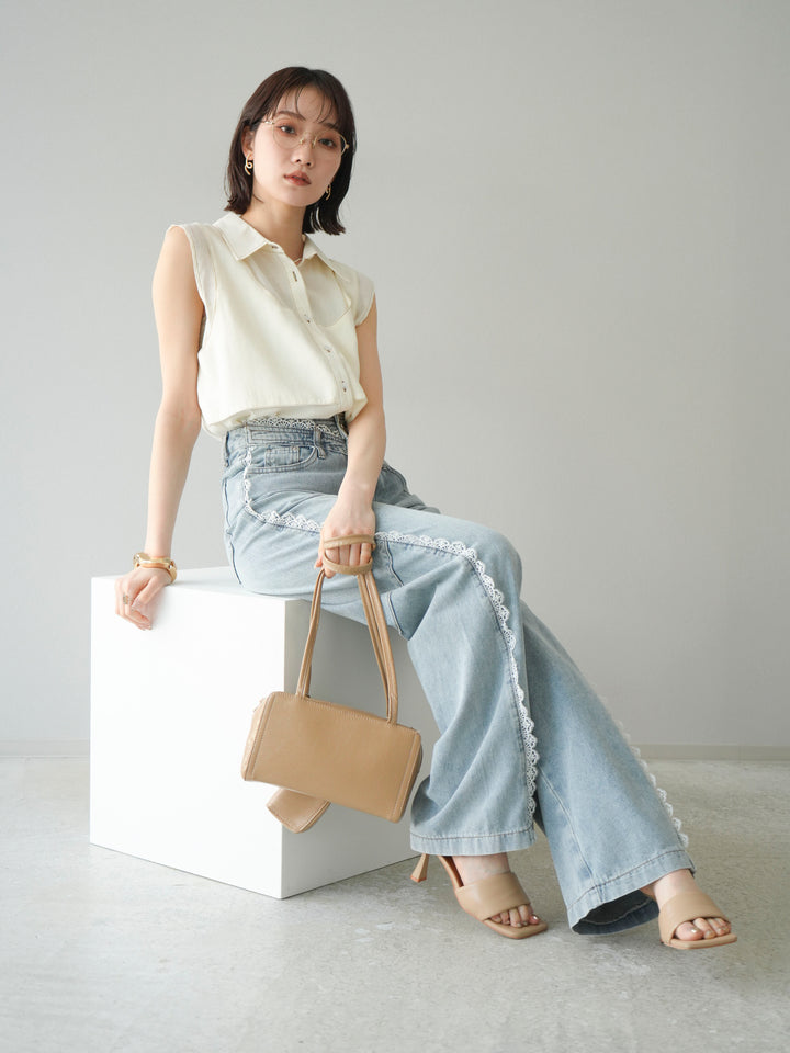 [SET]ステッチシアーレイヤードデザインブラウス+ラインレースデニムパンツ(2set)