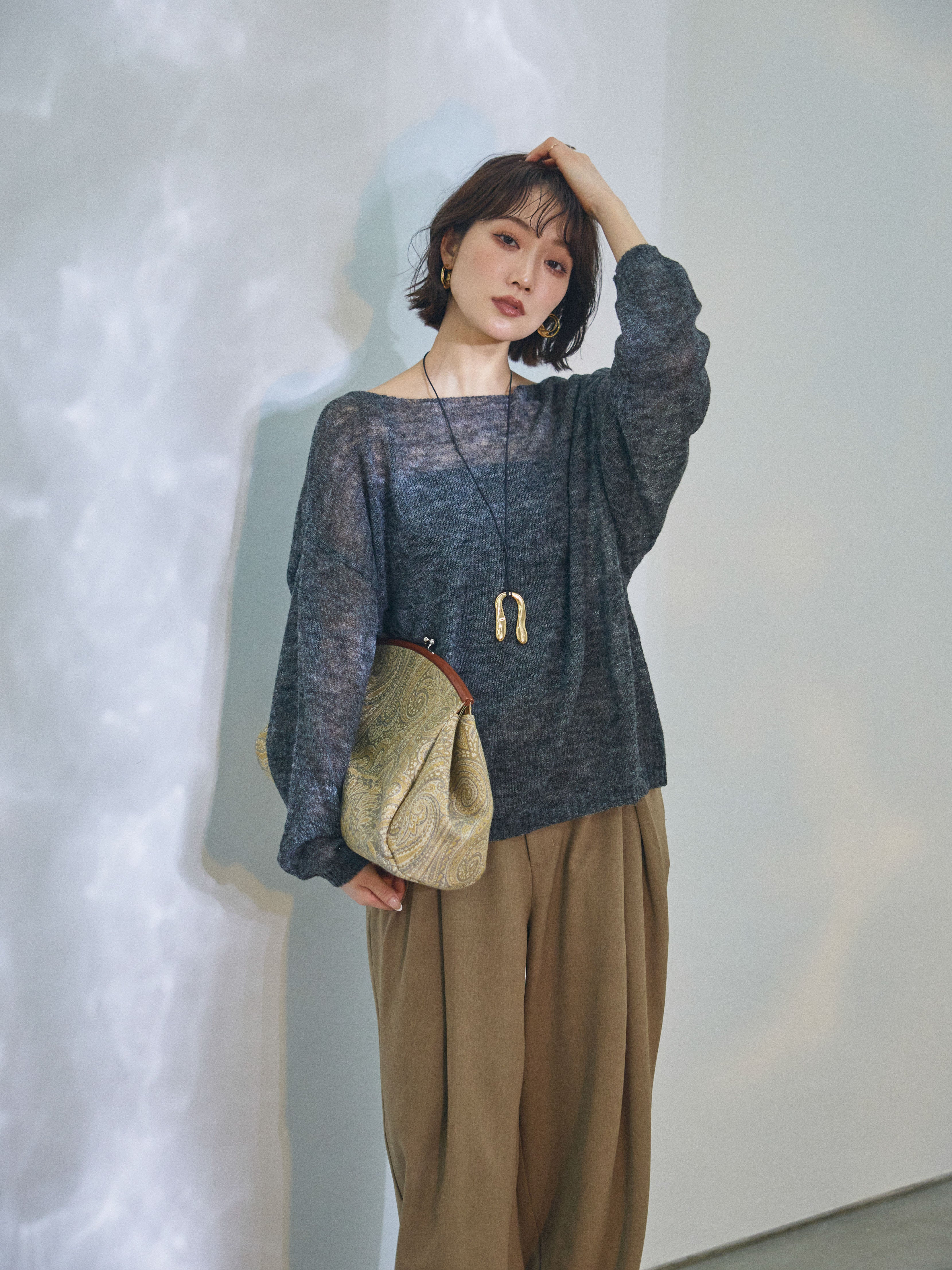 予約]モヘアタッチ透かし編みボートネックニットプルオーバー/charcoal