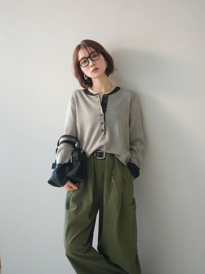 [SET]ヘンリーネック配色ニットソー+選べるアクセセット(2set)