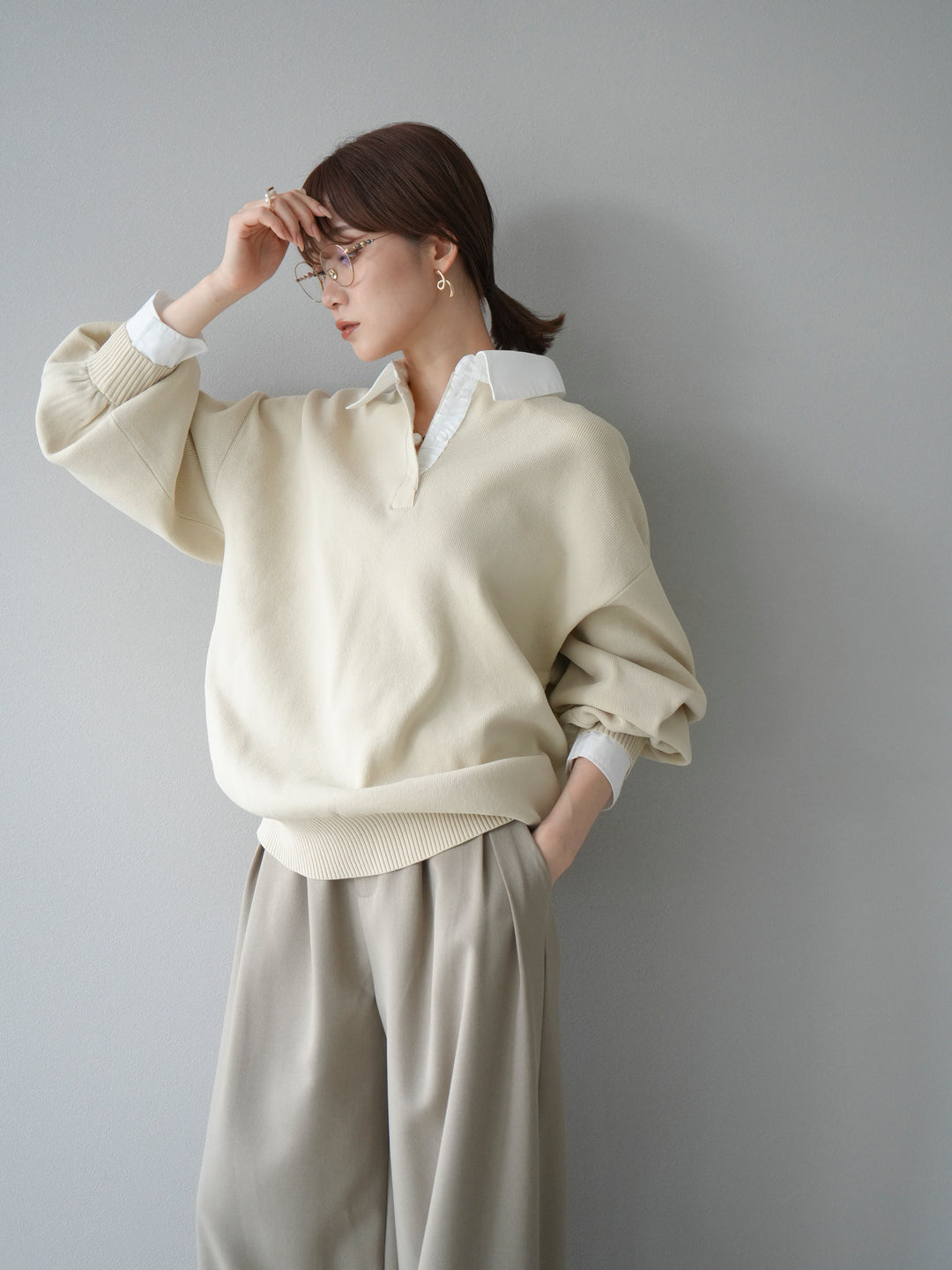 [預購] 領口Polo針織套衫/象牙白