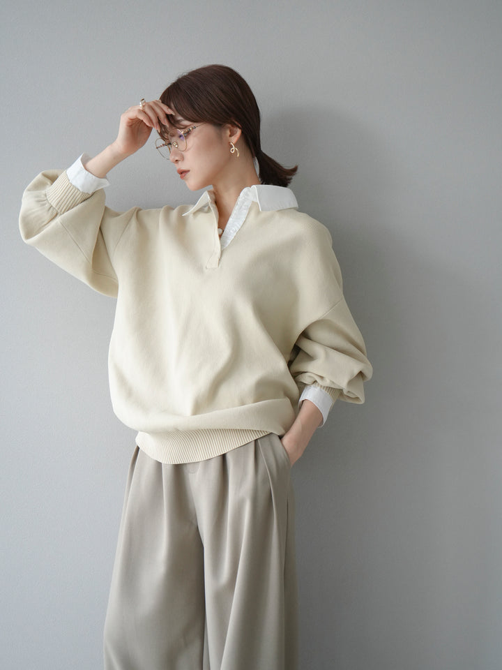 [預購] 領口Polo針織套衫/象牙白