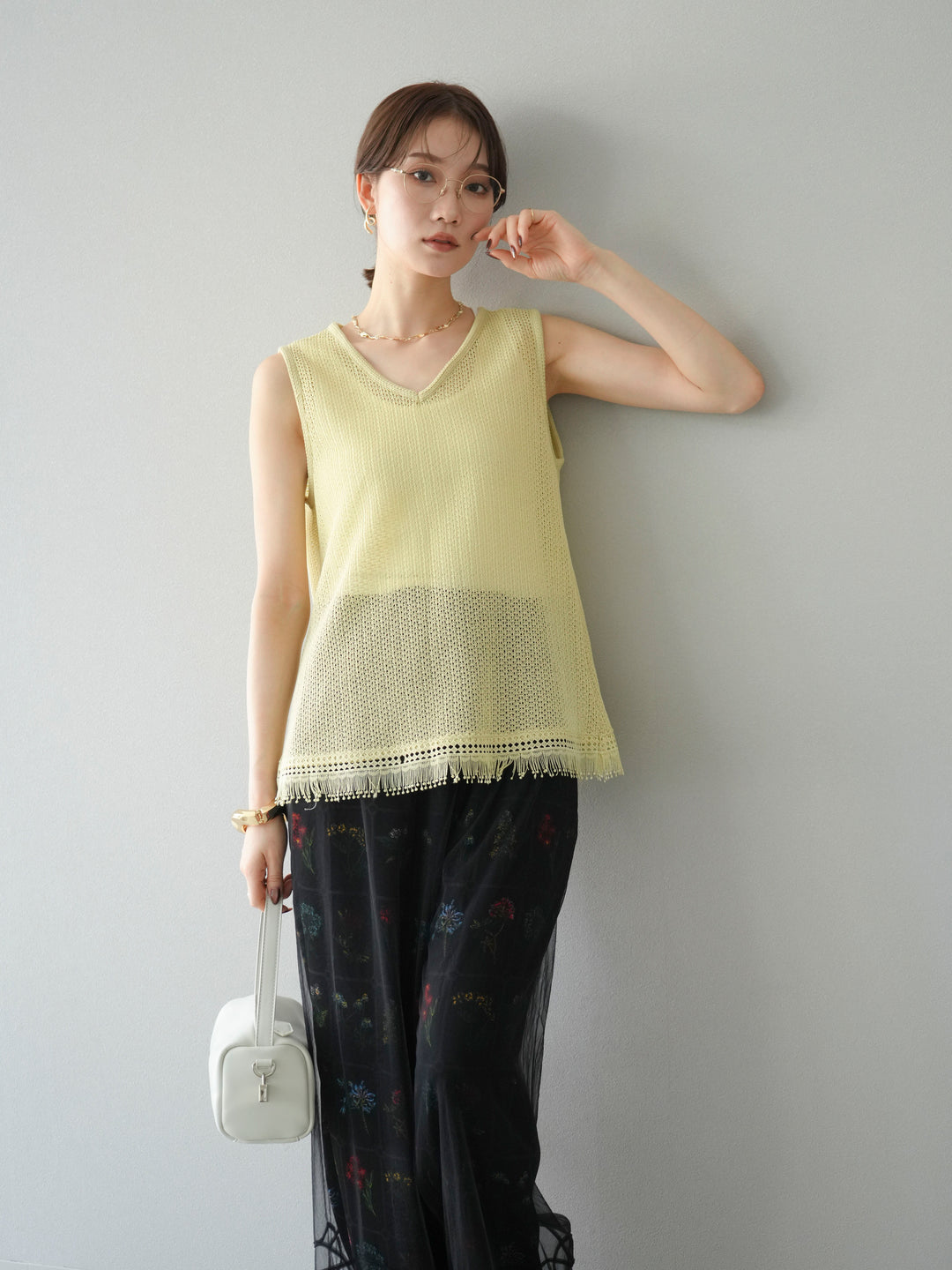 [予約]裾フリンジVネックニットタンクトップアンサンブル/イエロー