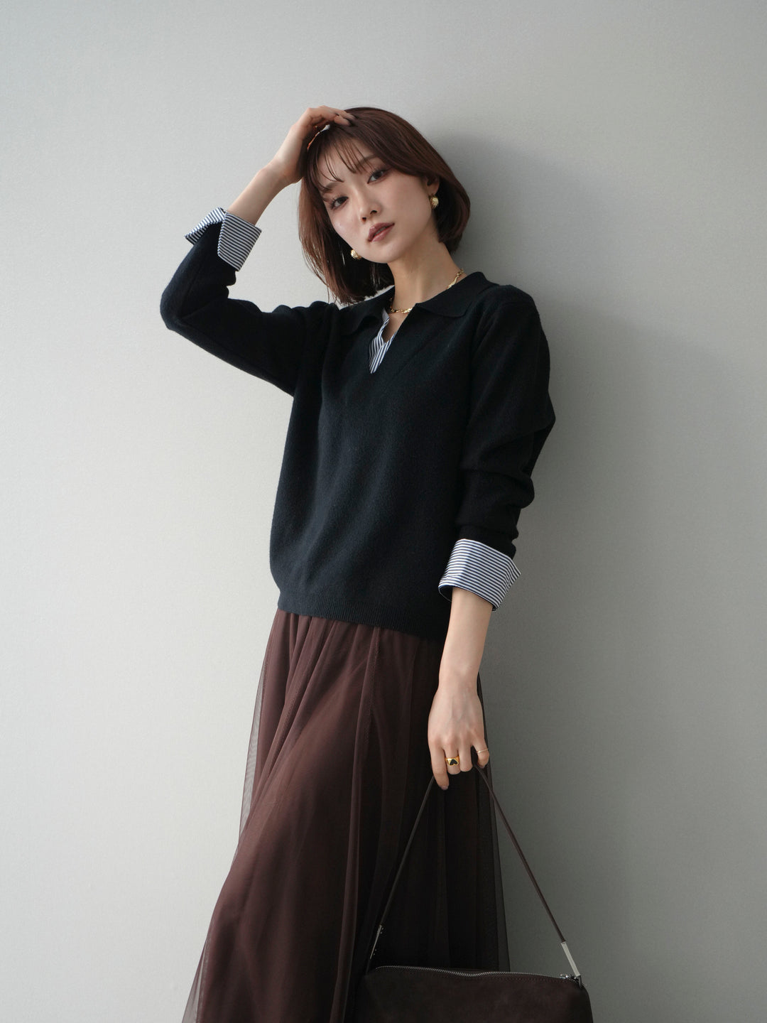 [予約]シャツレイヤードスキッパーニットプルオーバー/black