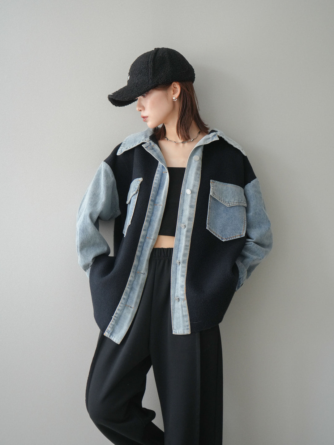 [SET]デニム襟ダブルフェイスニットカーディガン+2WAYデザインスウェットパンツ(2set)