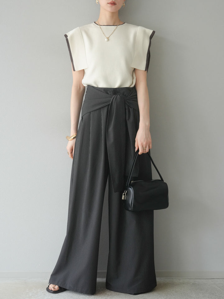 【預購】亞麻質感方袖拼色針織套頭衫/象牙白