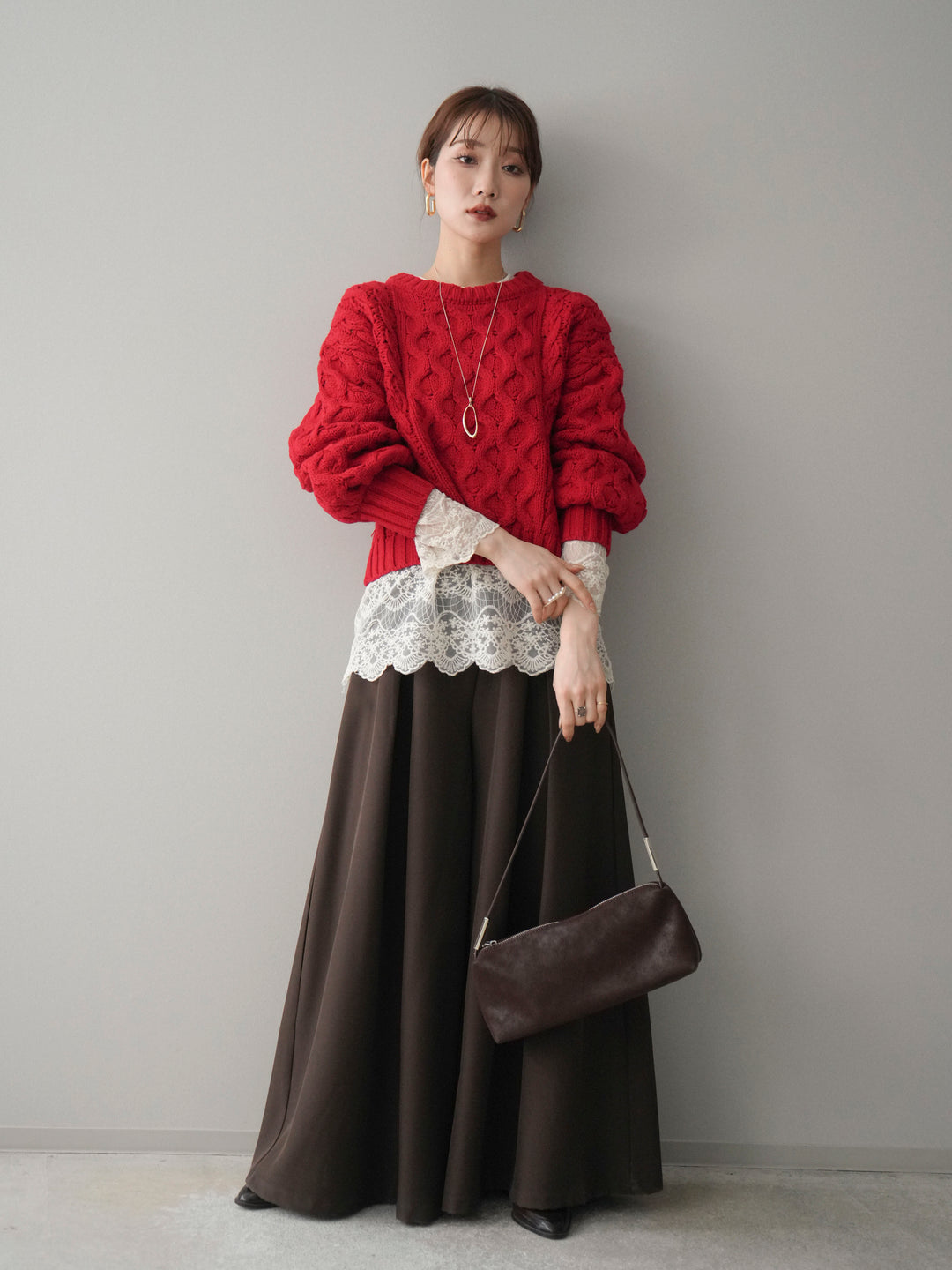 [SET]バルキーケーブルクロップドニットプルオーバー+テープベルトタックバギーパンツ(2set)