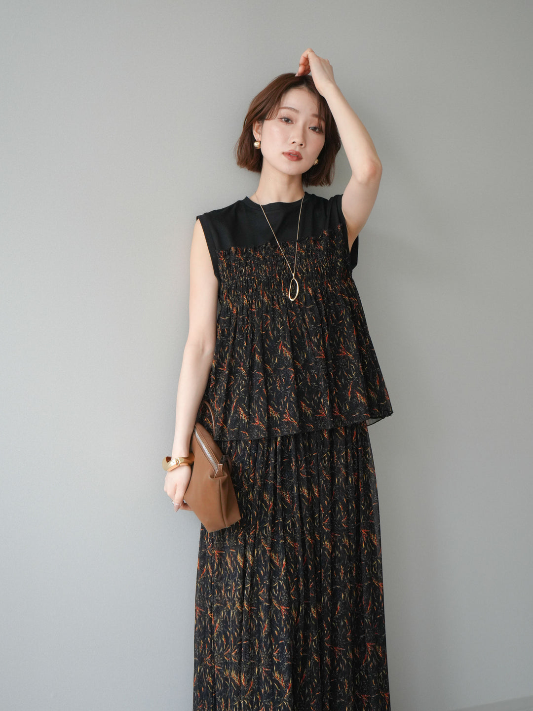 [予約]チュールプリントノースリーブトップス/black