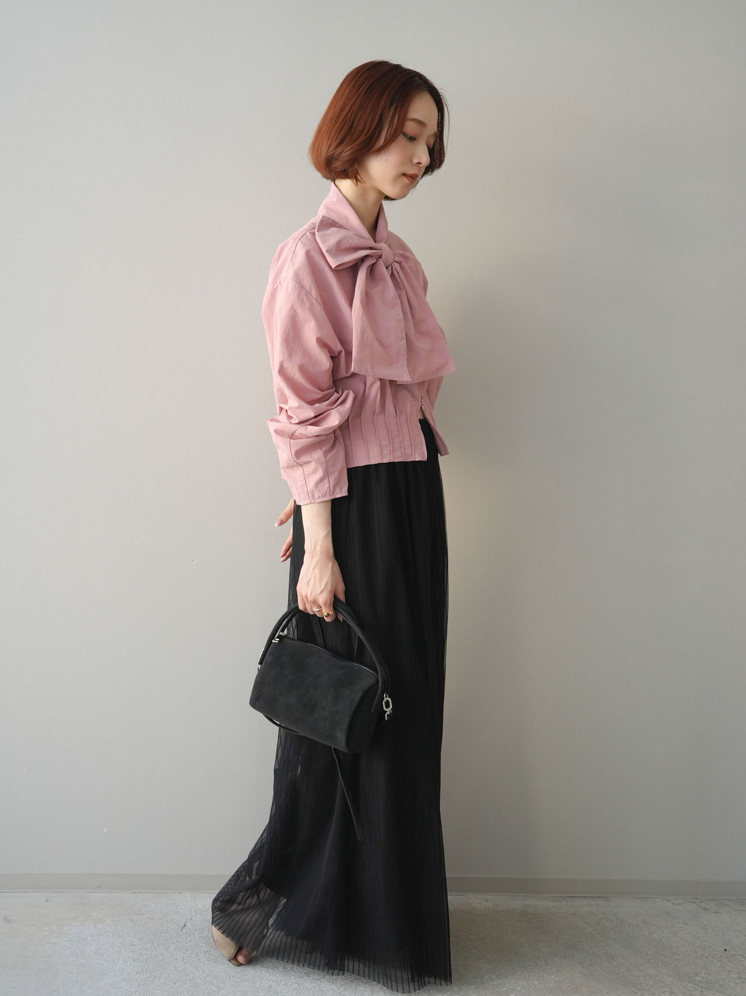 [SET]ボウタイ裾プリーツライトジャケット+ストライプチュールボリュームバギーパンツ(2set)