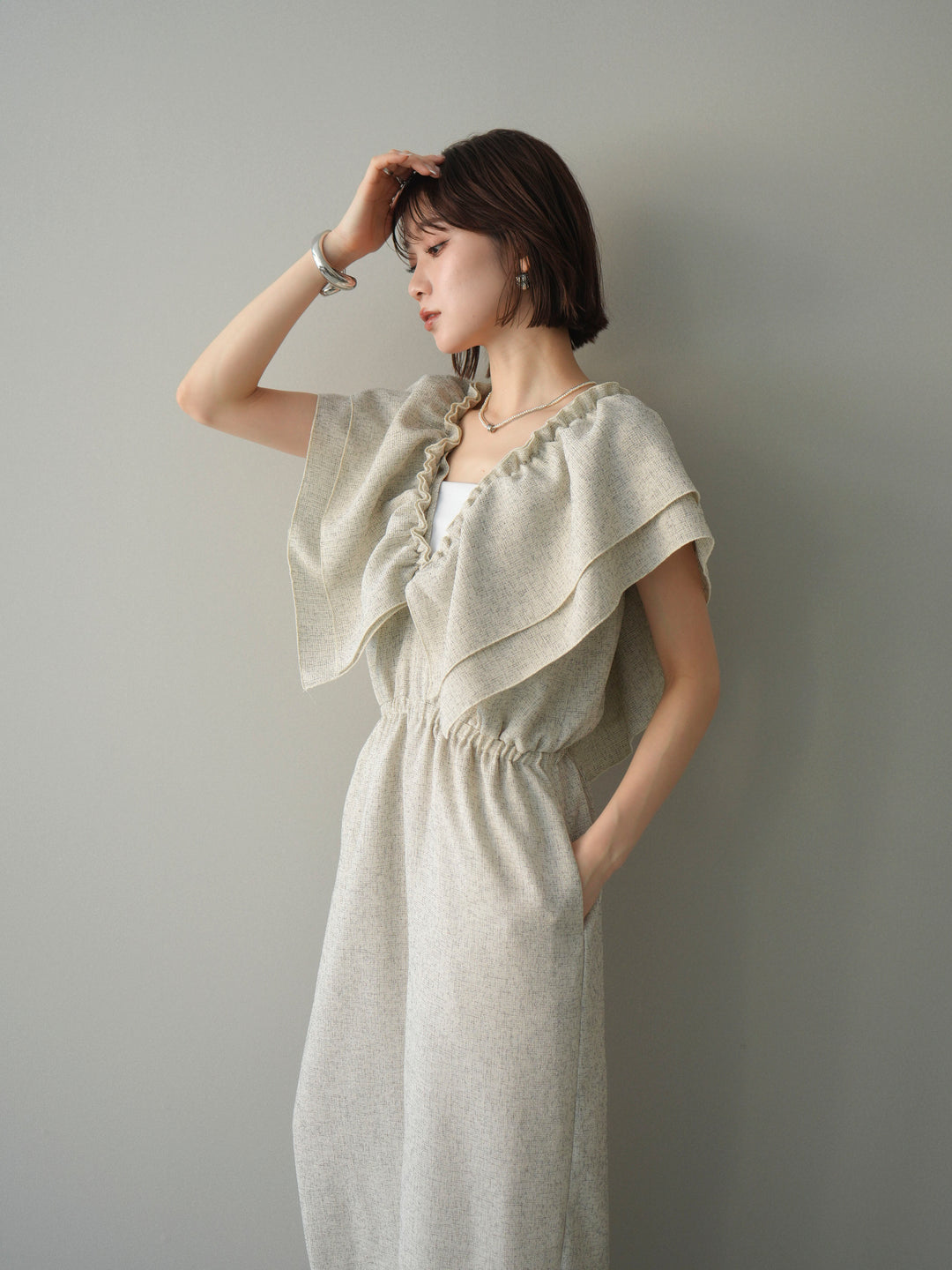 [SET]3WAYミックスツイードギャザーオールインワン+選べるアクセセット(2set)