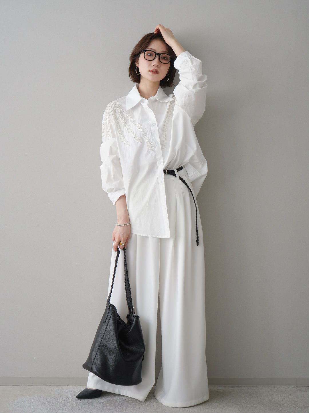 [予約]編み込みベルト付タックワイドパンツ/white