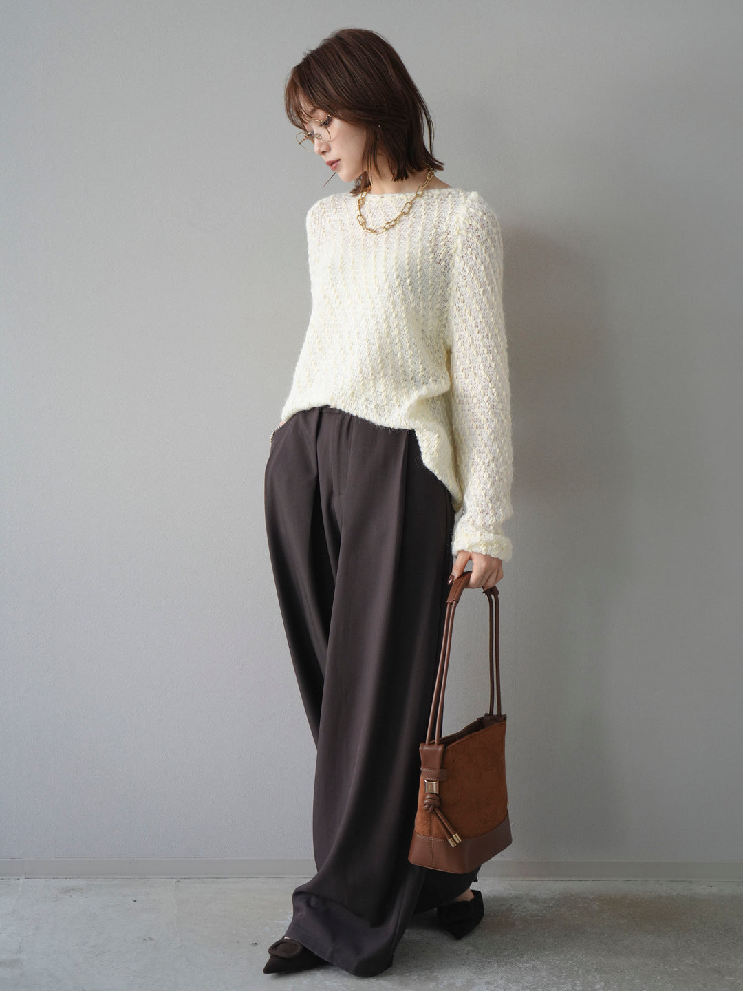【着回しセット】[SET]求心柄クロップドニットカーディガン+異素材ミックスヤーンニットプルオーバー+ベルトループデザインワイドパンツ(3set)