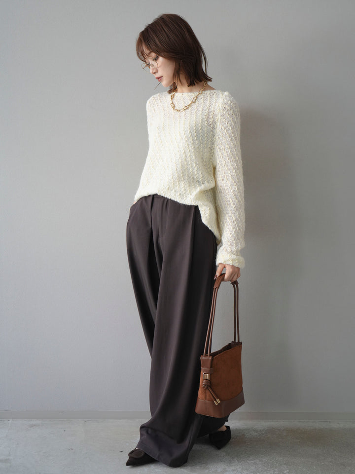 【着回しセット】[SET]求心柄クロップドニットカーディガン+異素材ミックスヤーンニットプルオーバー+ベルトループデザインワイドパンツ(3set)