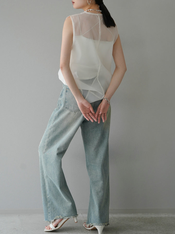 [SET] Organdy sleeveless top + belt asymmetrical damaged denim (2set)