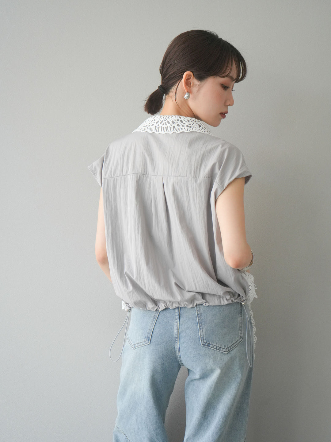 [予約]レースレイヤードドロストシャツ/グレー