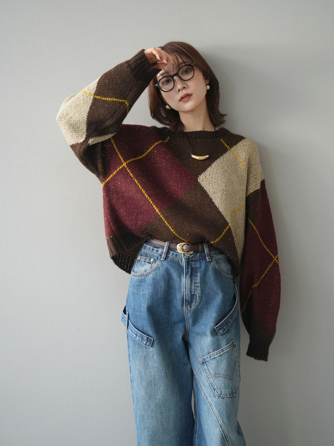 [予約]配色ステッチアーガイル柄ニットプルオーバー/brown