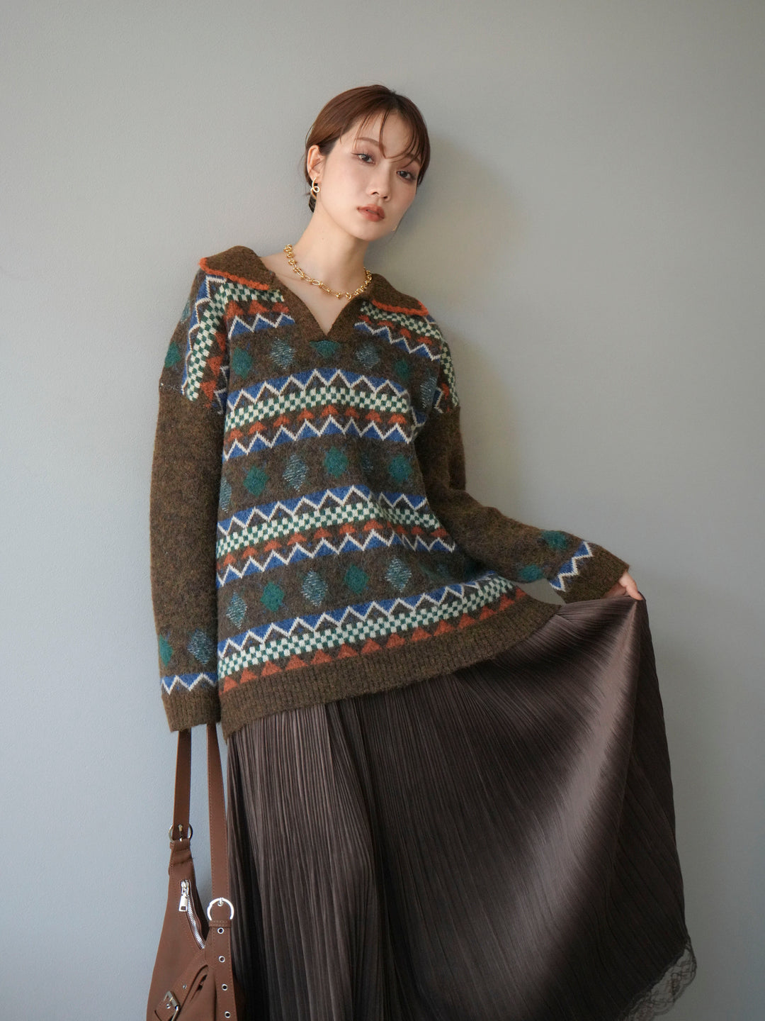 [予約]ノルディック柄ポロニットプルオーバー/ブラウン