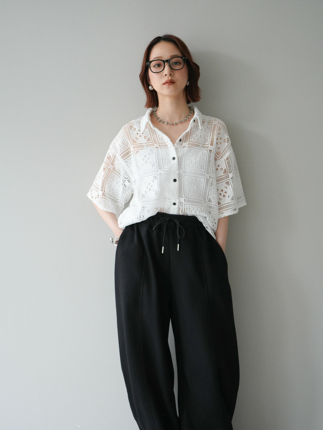 【套裝】方領蕾絲半袖襯衫+內置胸罩羅紋抹胸吊帶背心（兩件套）