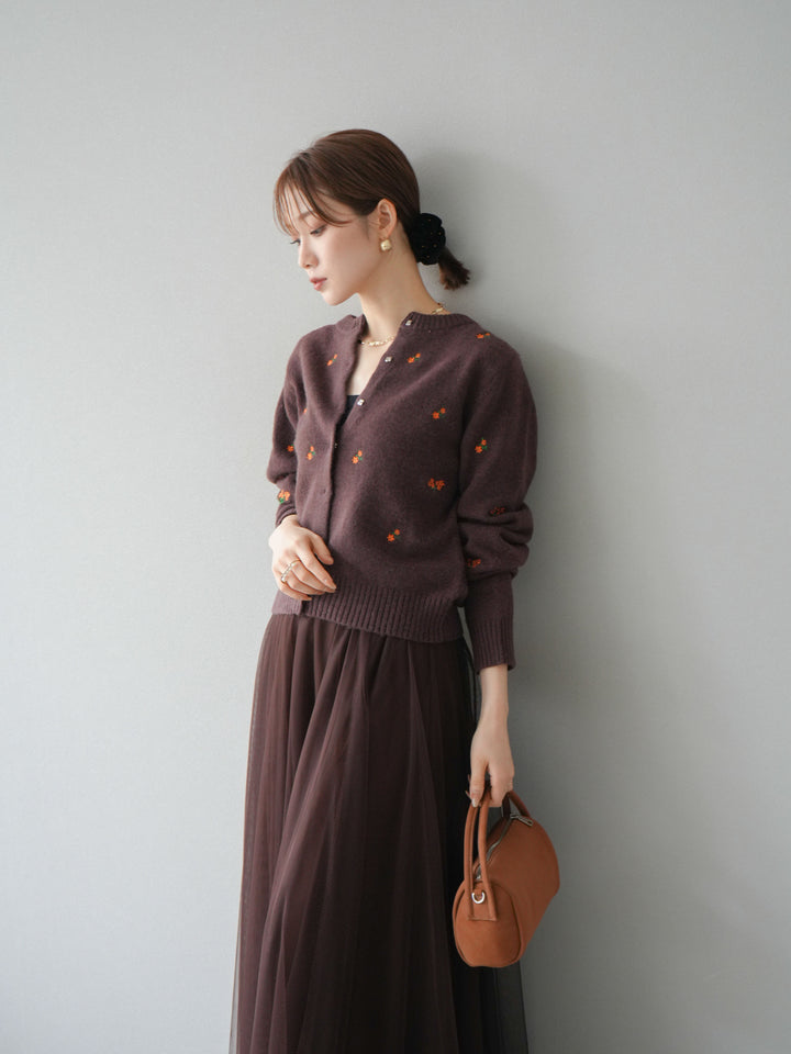 [SET]フラワー刺繍ニットカーディガン+チュールボリュームスカート(2set)