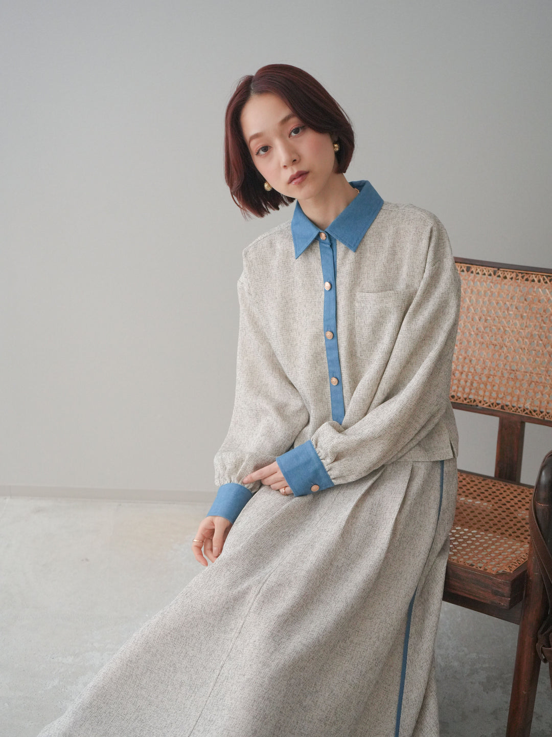 [SET]異素材サマーツイードシャツ+異素材サマーツイードタックフレアスカート(2set)