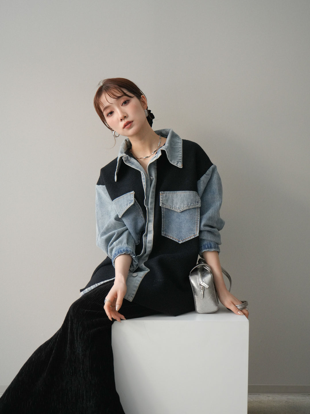 [予約]デニム襟ダブルフェイスニットカーディガン/black