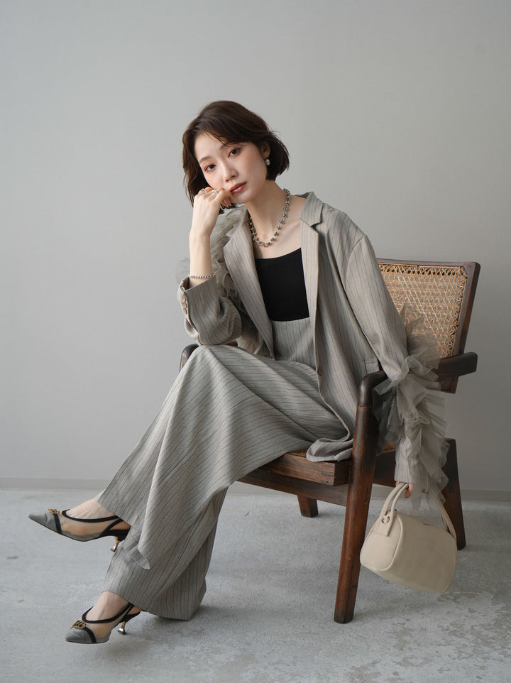 [予約]アシンメトリーチュールストライプジャケット/greige