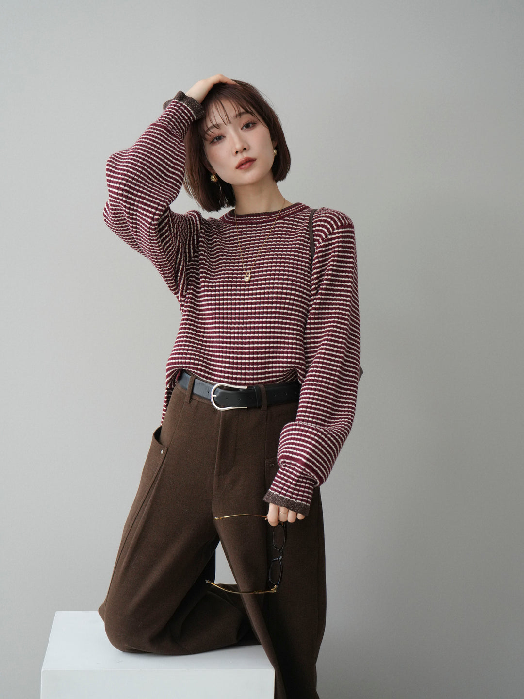 [予約]ラメ異素材ボーダーリブニットプルオーバー/bordeaux×brown