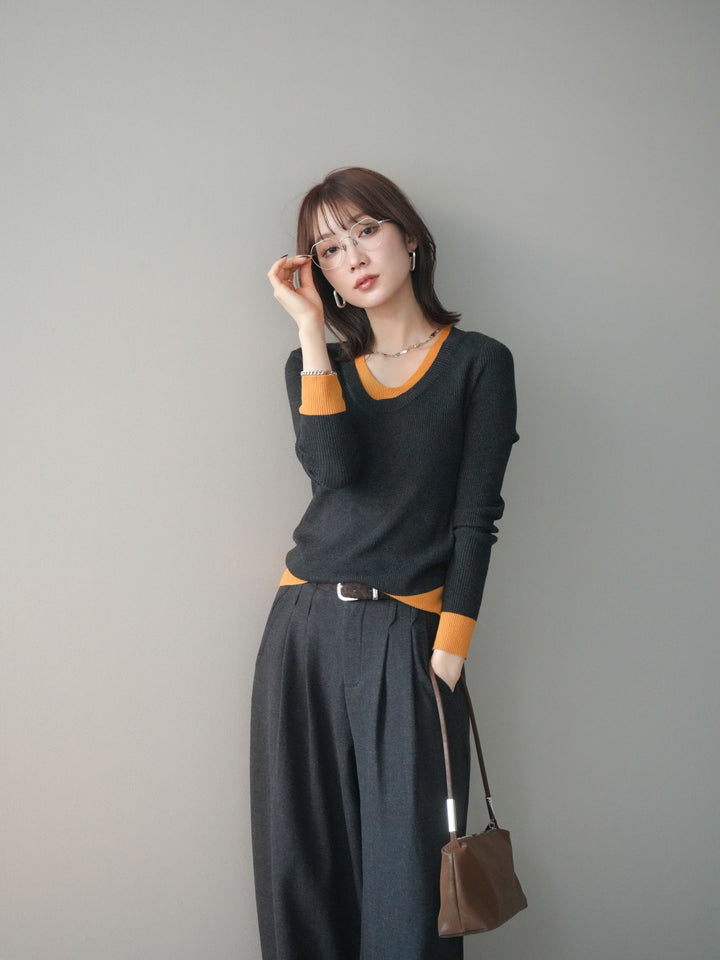 [予約]Uネック配色レイヤードリブニットトップス/charcoal
