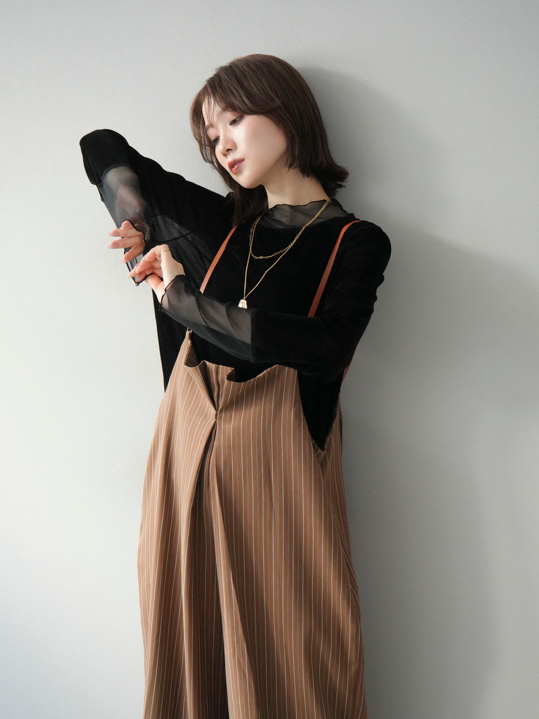 【着回しセット】[SET]ヘリンボーンストライプジレ+シアー切替ベロアトップス+ヘリンボーンストライプサロペット(3set)