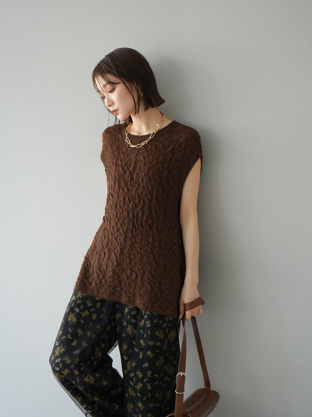 [SET]ポコポコノースリーブニットプルオーバー+コード刺繍チュールレイヤードパンツ(2set)