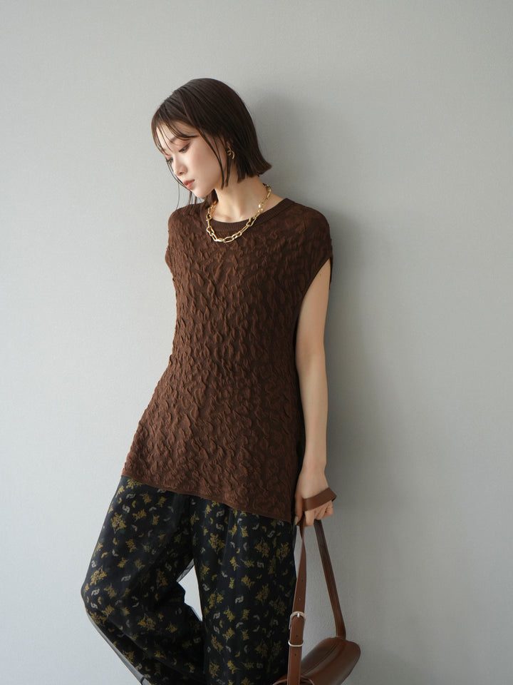 [SET]ポコポコノースリーブニットプルオーバー+コード刺繍チュールレイヤードパンツ(2set)