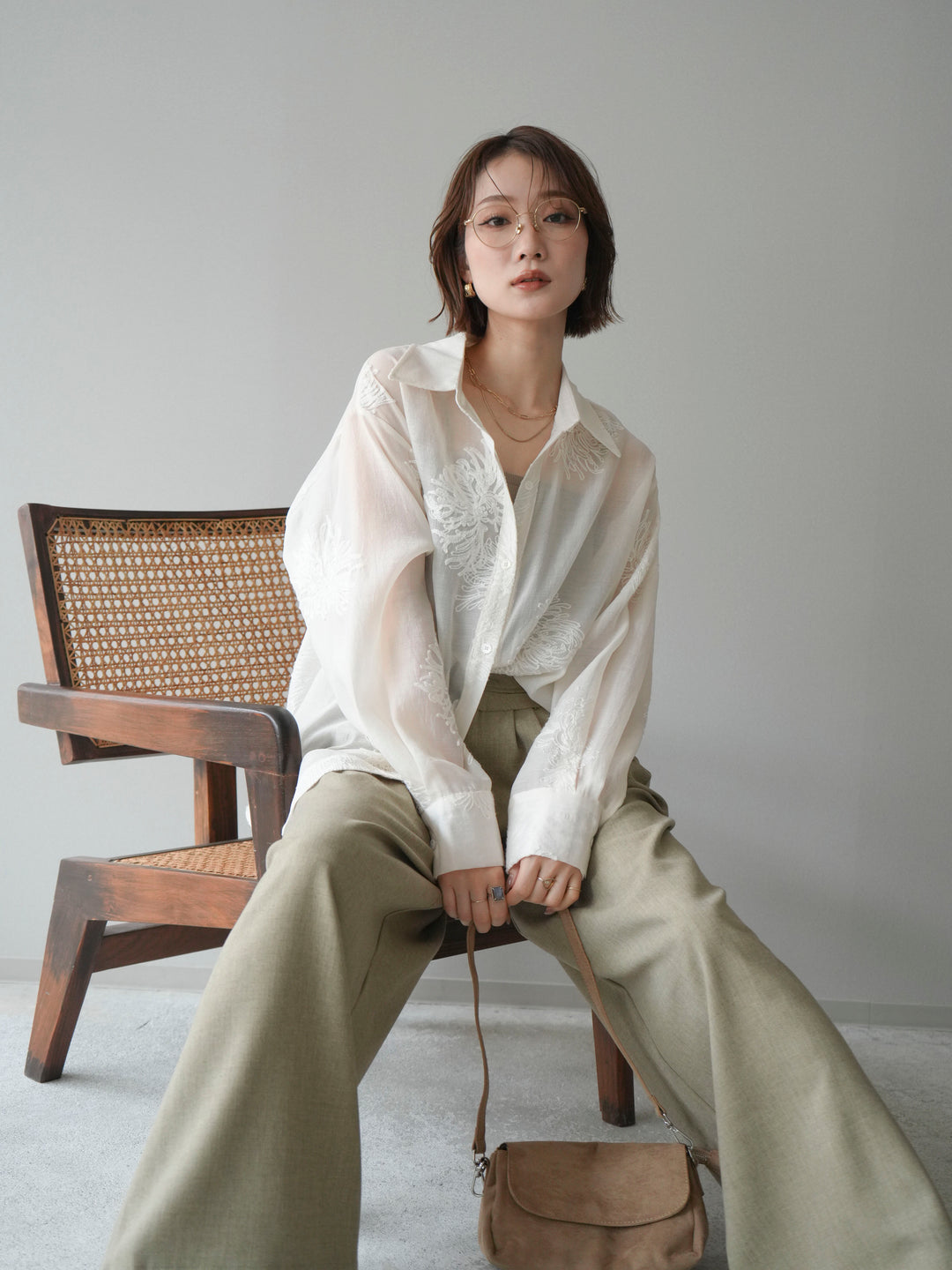 [SET]シアーエンブロイダリーシャツ+ダブルボタンドレープパンツ(2set)