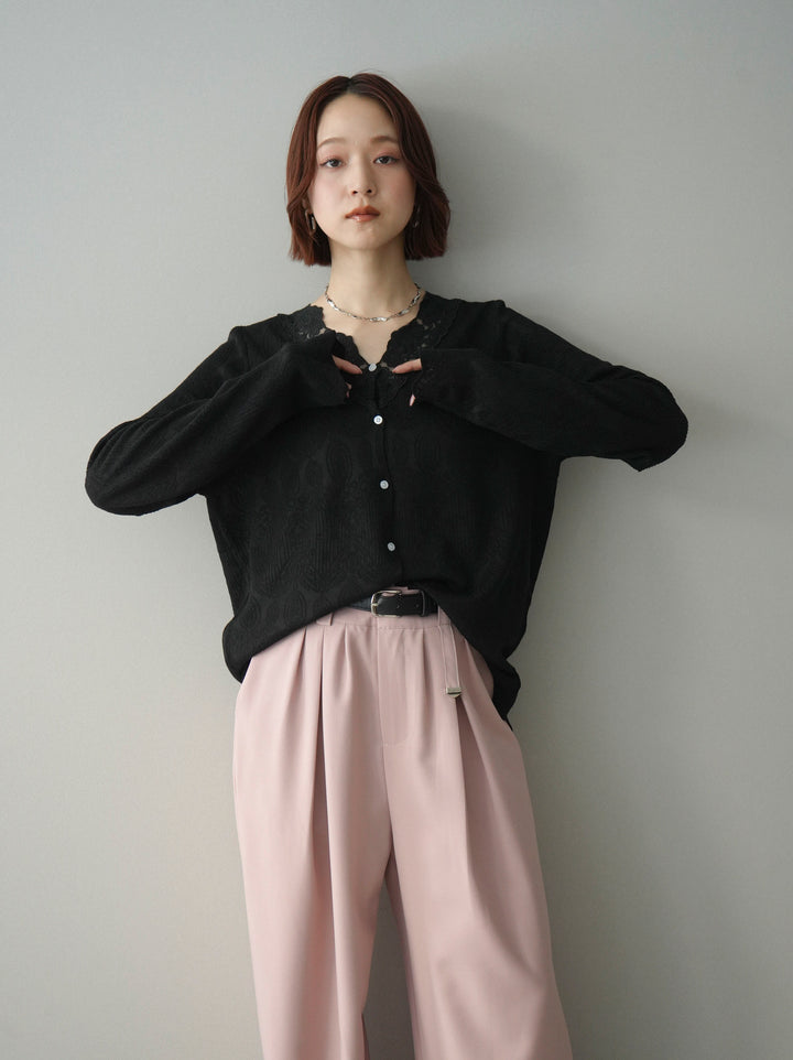 [SET]レースネックジャガードニットカーディガン+ベルト付キーホルダーモチーフワイドパンツ(2set)