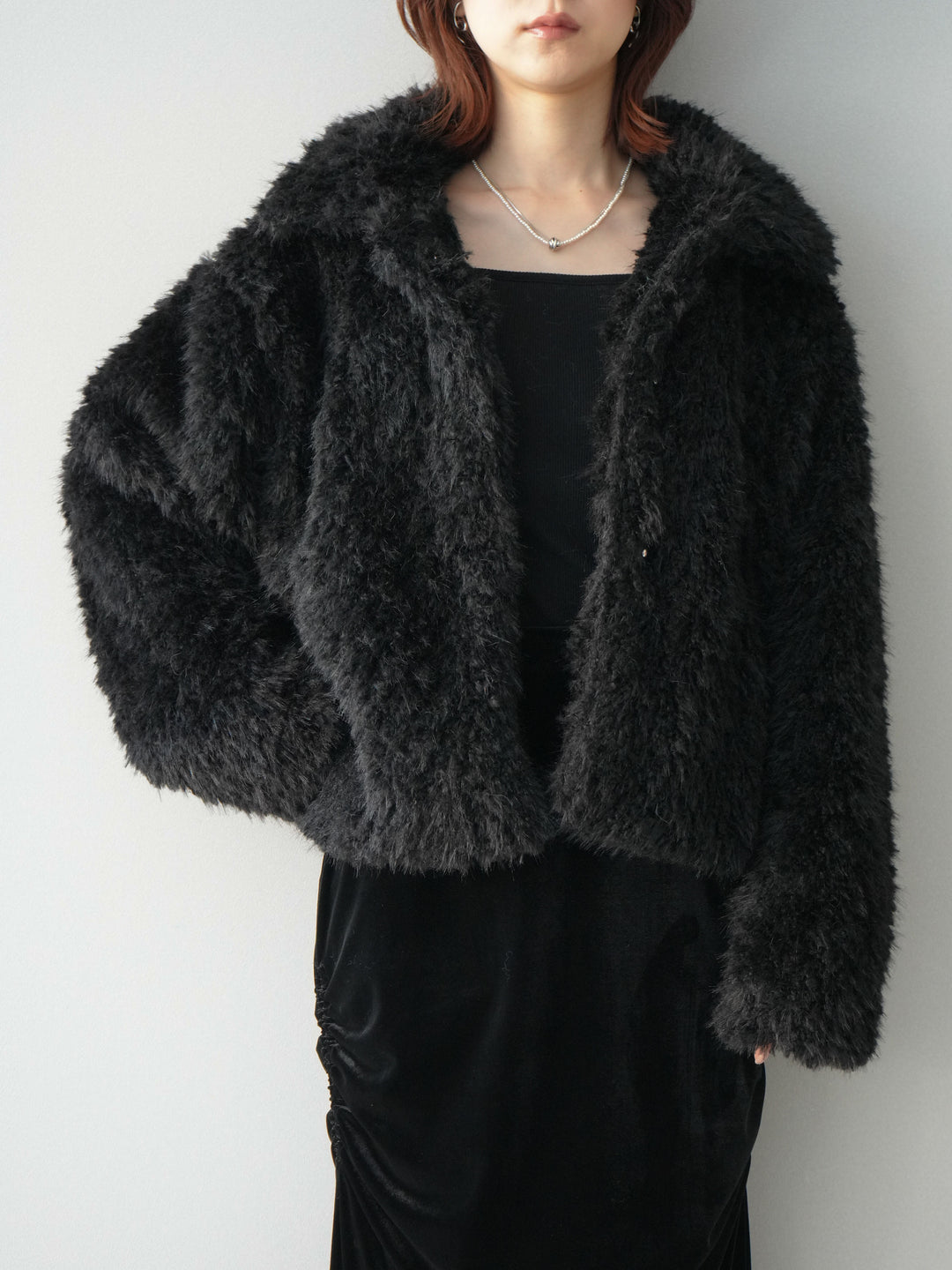 [SET]フェイクファー襟付きショートブルゾン+ギャザーベロアスカート(2set)