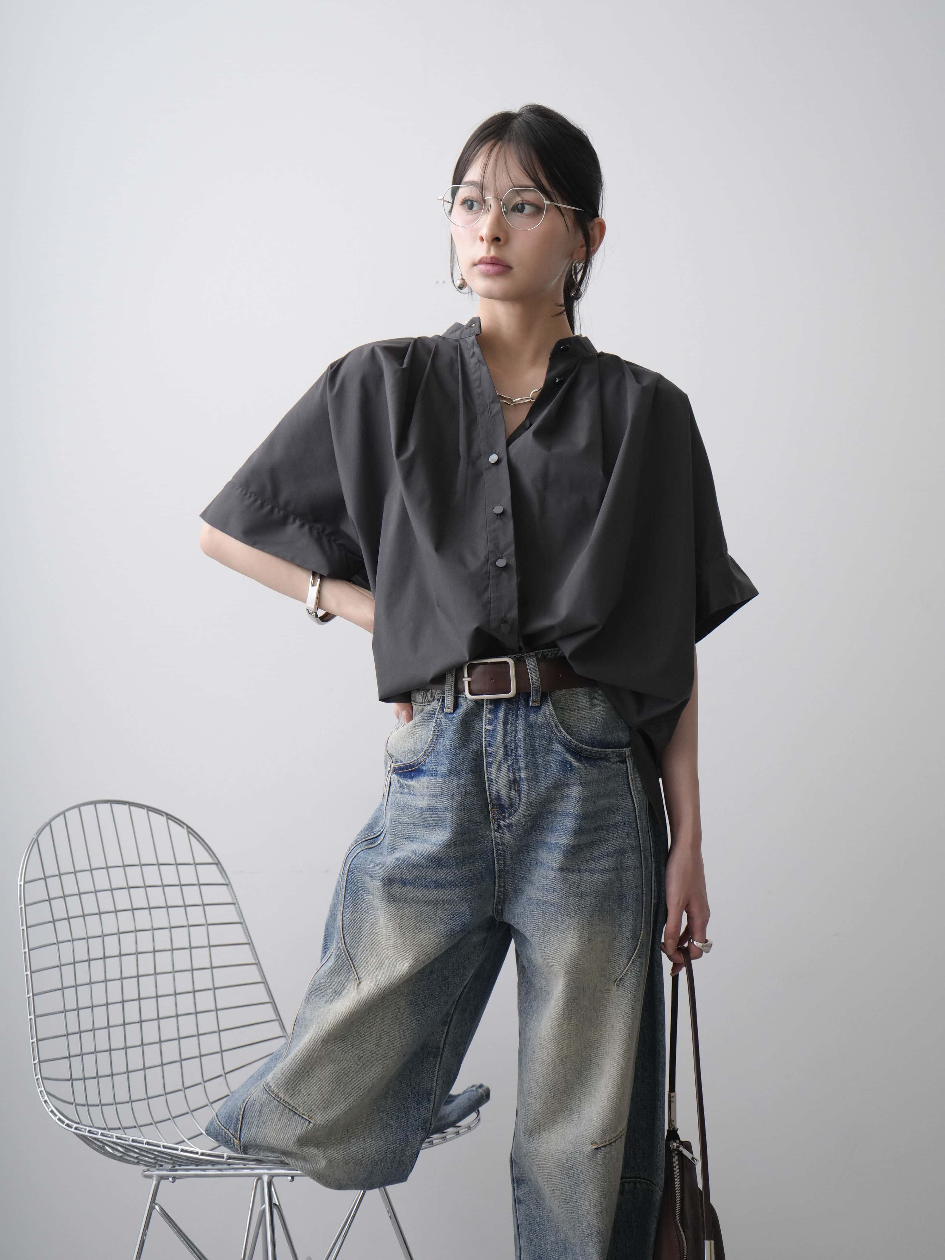 SET]ドルマンノースリオーバーシャツ+ベルト付カーブデニムパンツ(2set