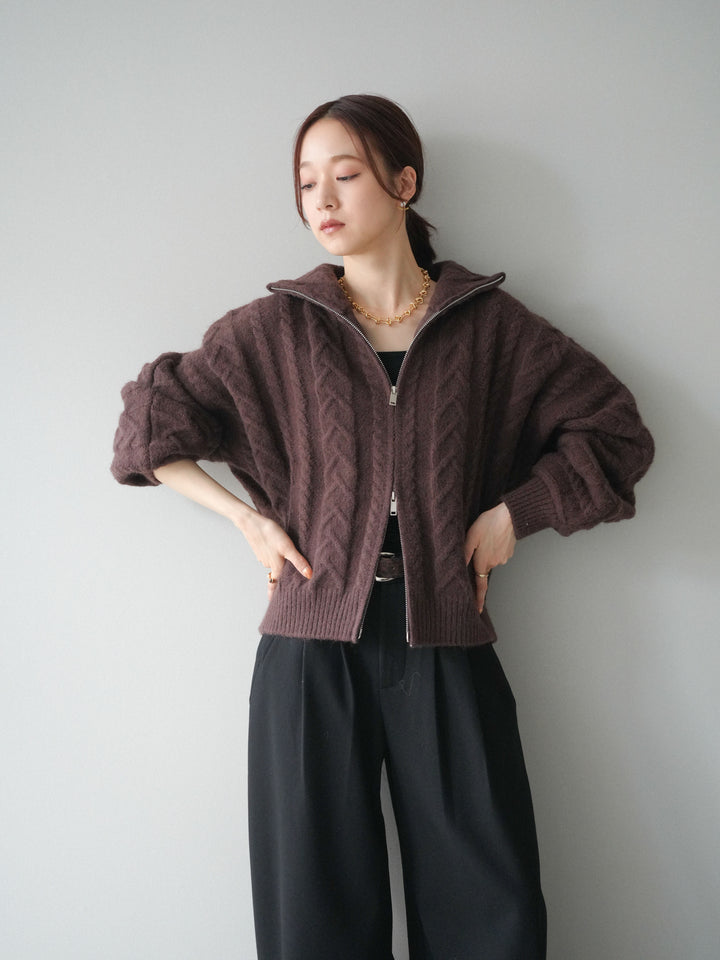 [SET]ケーブル編みハイネックZIPニットカーディガン+アニマル柄ベルト付きウールタッチワイドパンツ(2set)