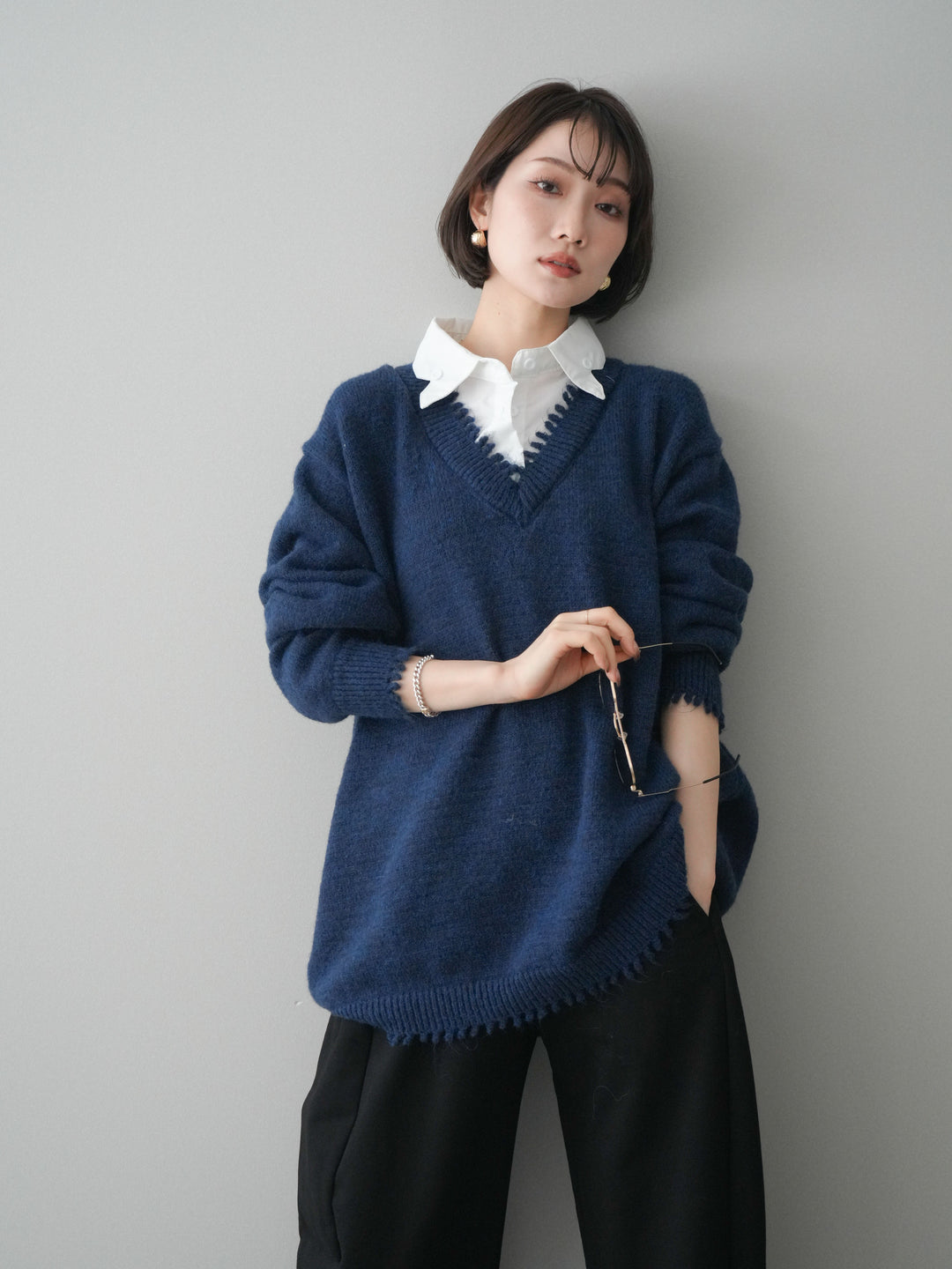 [予約]シャツドッキングVネックフリンジニットプルオーバー/navy