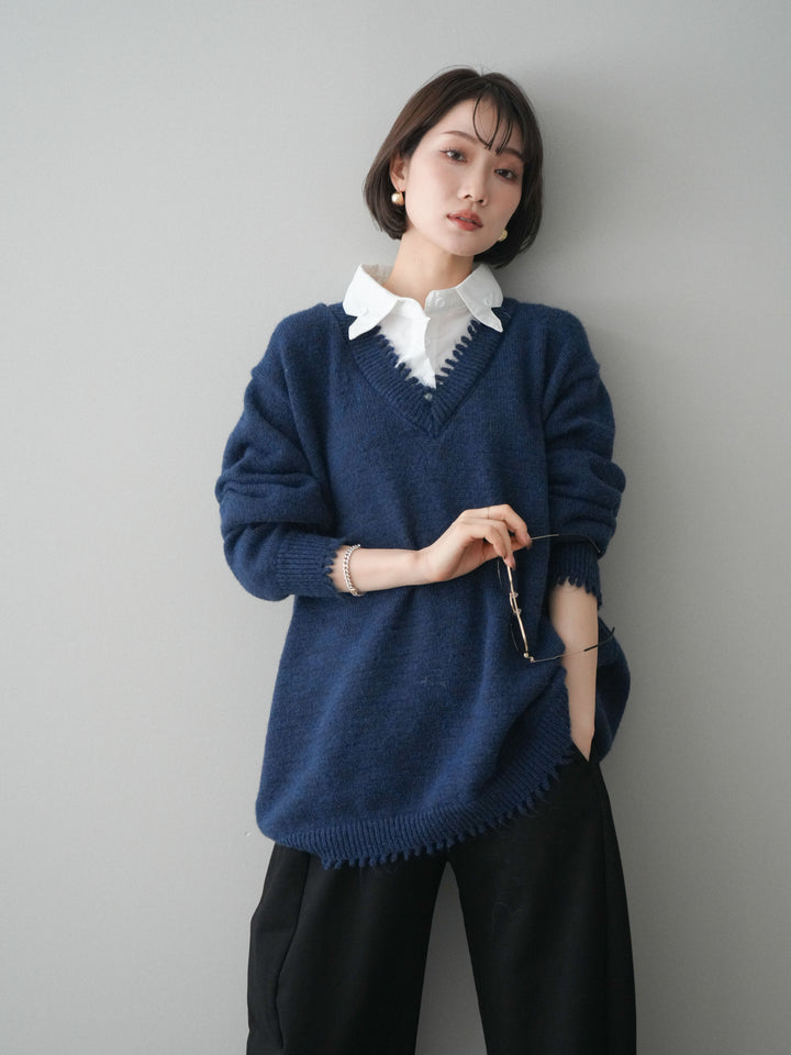 [予約]シャツドッキングVネックフリンジニットプルオーバー/navy