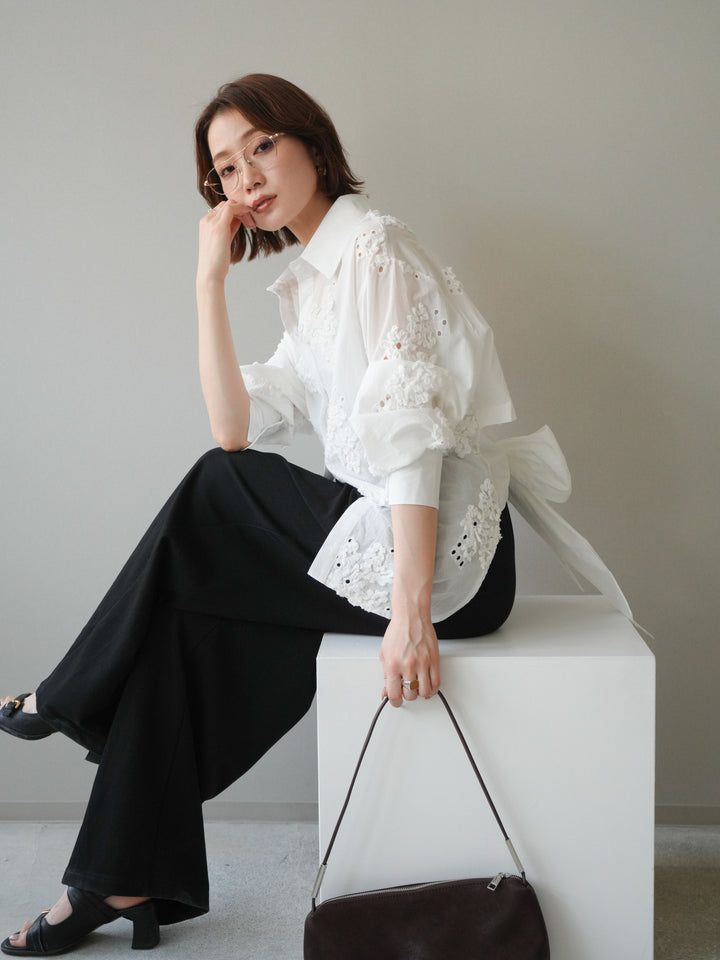 [SET]バックリボンフラワーエンブロイダリーシャツ+選べるアクセセット(2set)