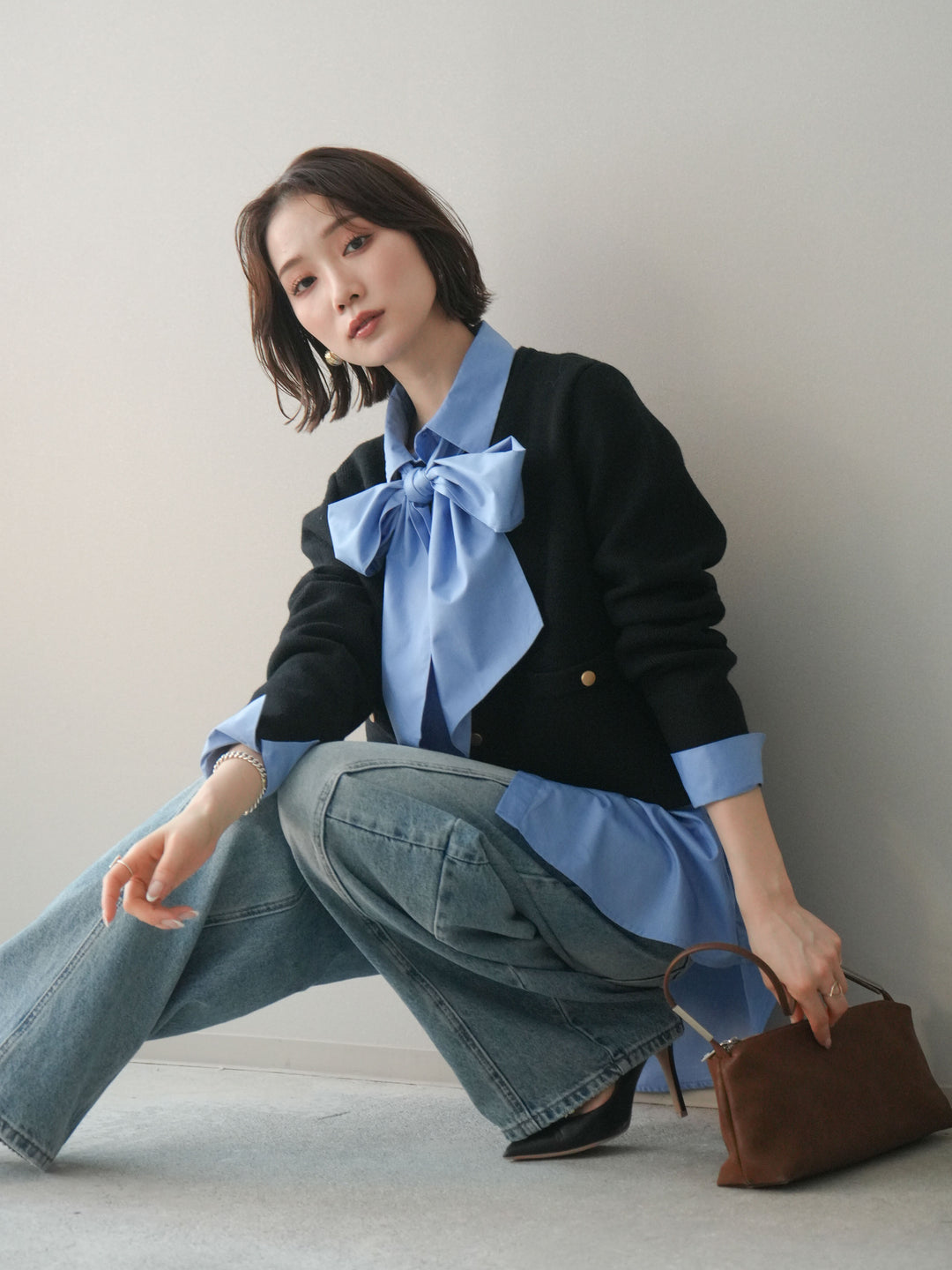 [SET]ゴールドボタンノーカラーニットジャケット+ガーメントウォッシュカーブデニムパンツ(2set)